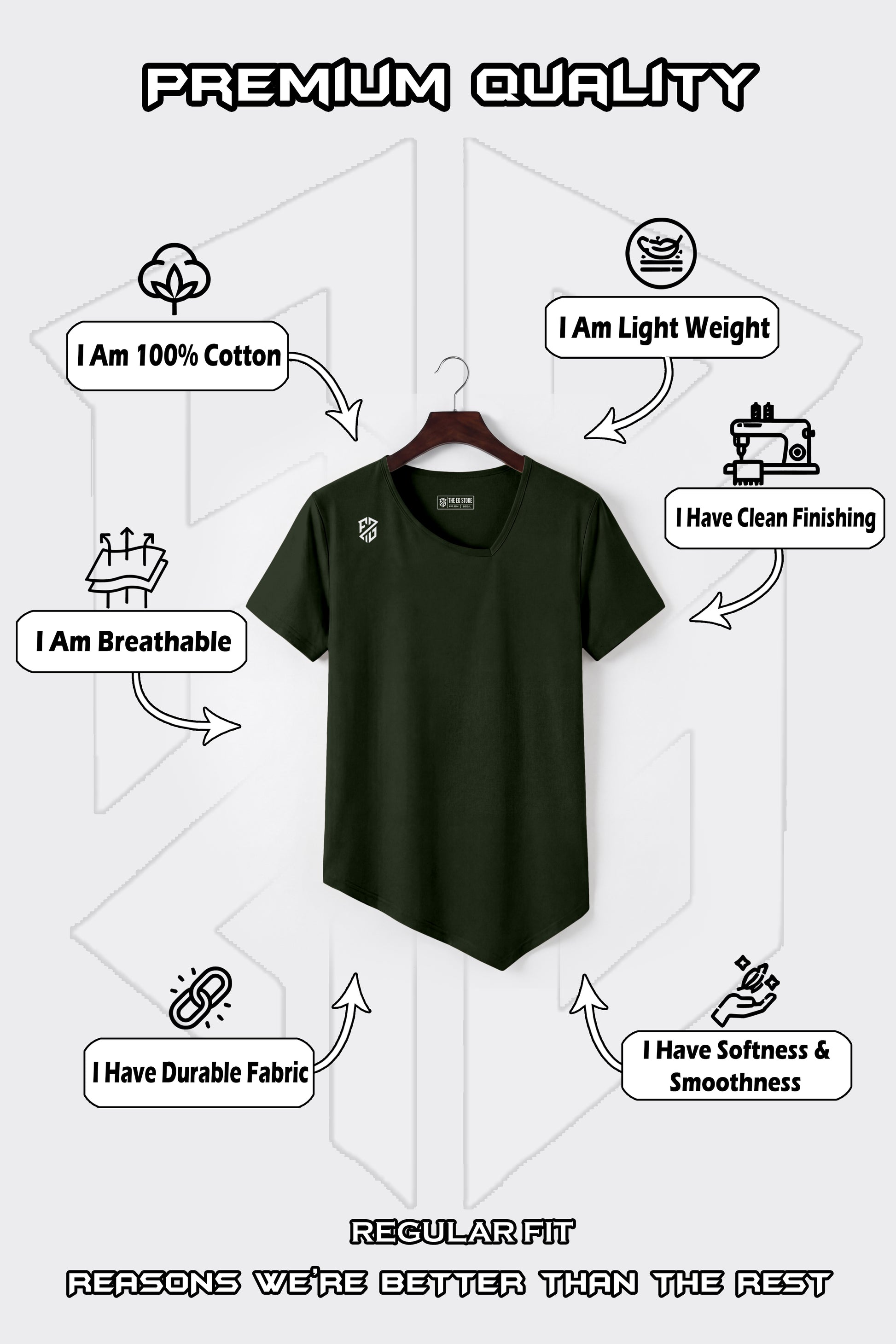 Dark green cotton t-shirt on hanger, lightweight, breathable, durable, clean finishing, regular fit