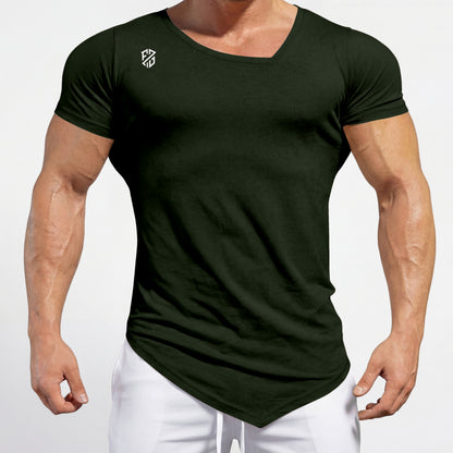 Men's fitted black V-neck gym t-shirt with logo, paired with white workout pants