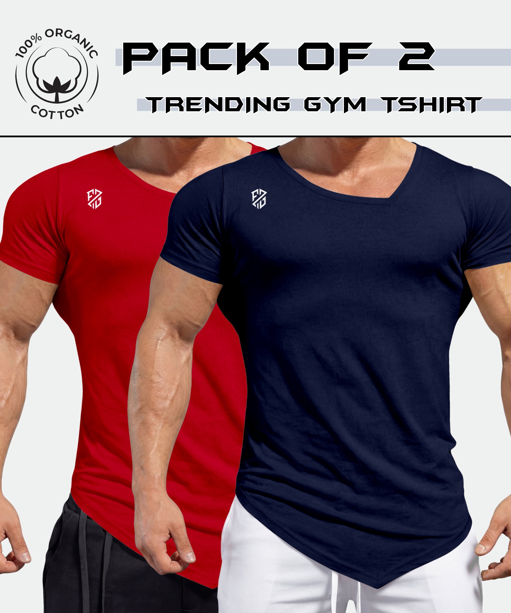 Pack of 2 gym t-shirts in red and navy, 100% organic cotton, athletic fit