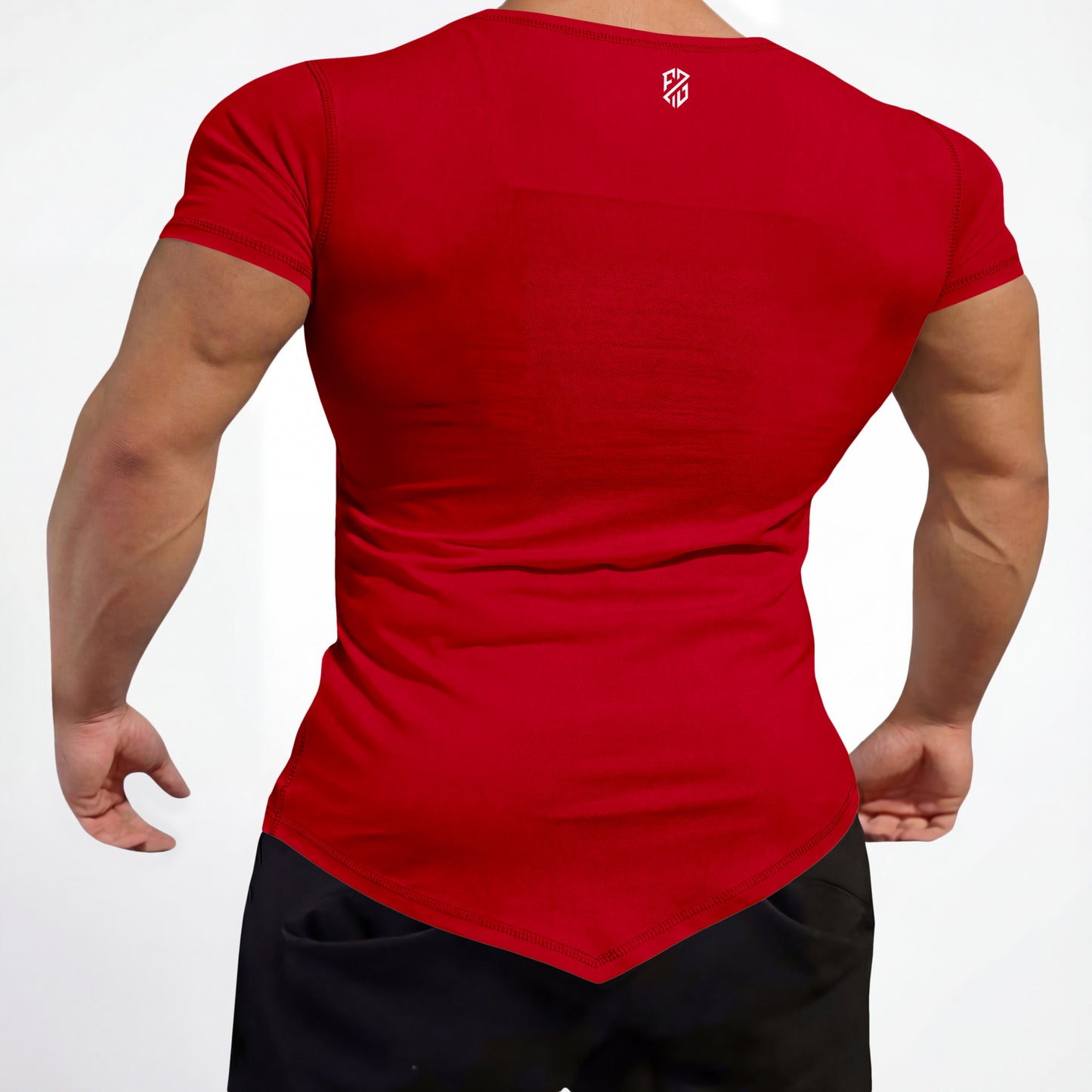 Back view of athletic man in fitted red short sleeve gym shirt with pointed hem