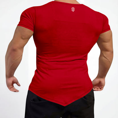 Back view of athletic man in fitted red short sleeve gym shirt with pointed hem