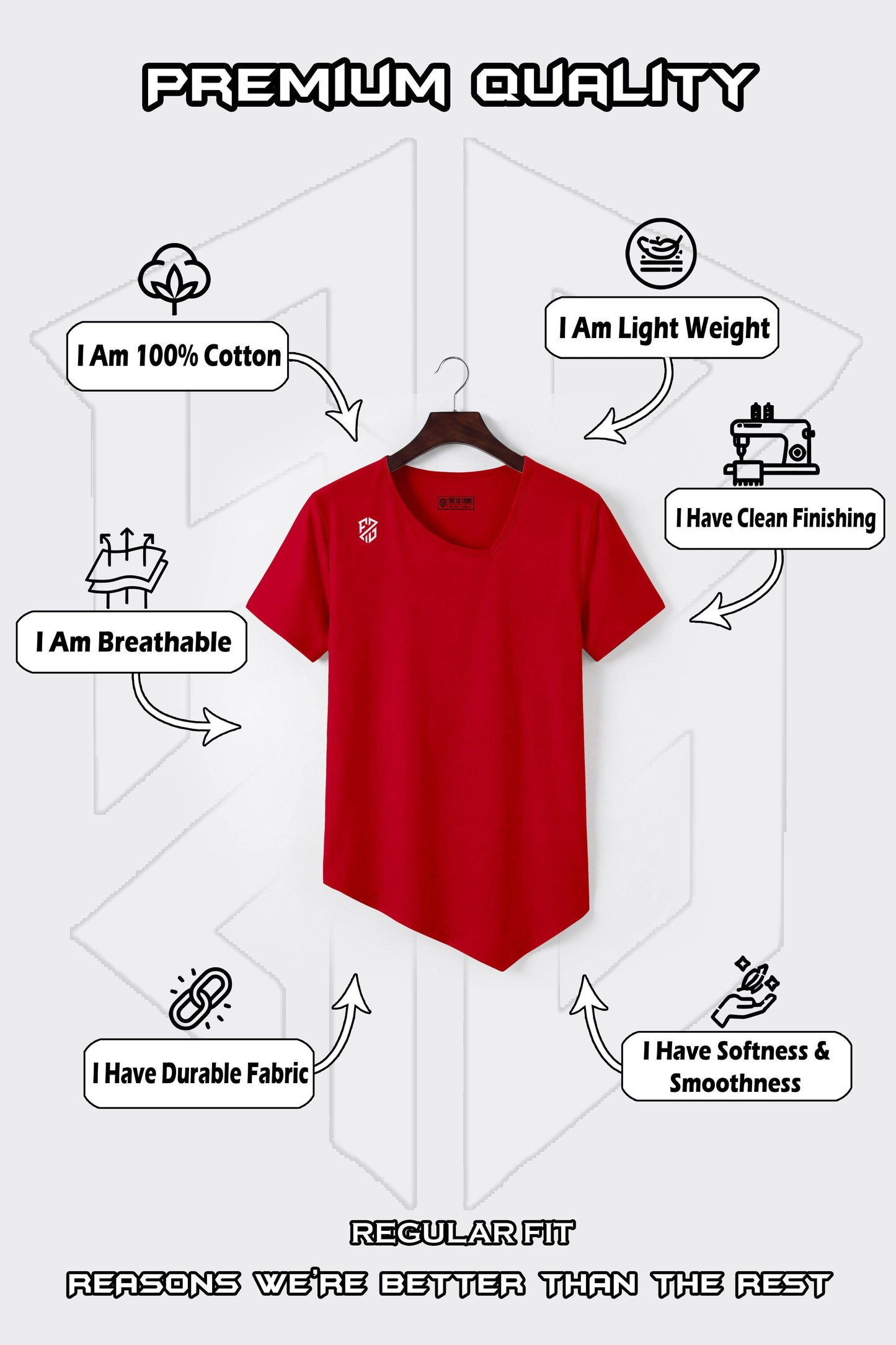Red regular fit cotton t-shirt on hanger, breathable, lightweight, durable, soft, clean finish.