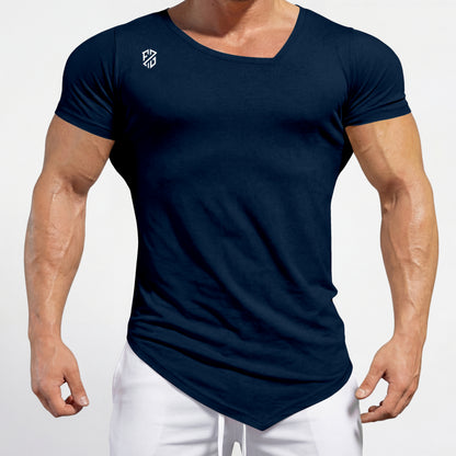 Navy blue fitted V-neck t-shirt with white logo, paired with white pants, on muscular male model