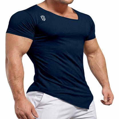 Men's fitted navy blue t-shirt with white logo and white pants, athletic wear