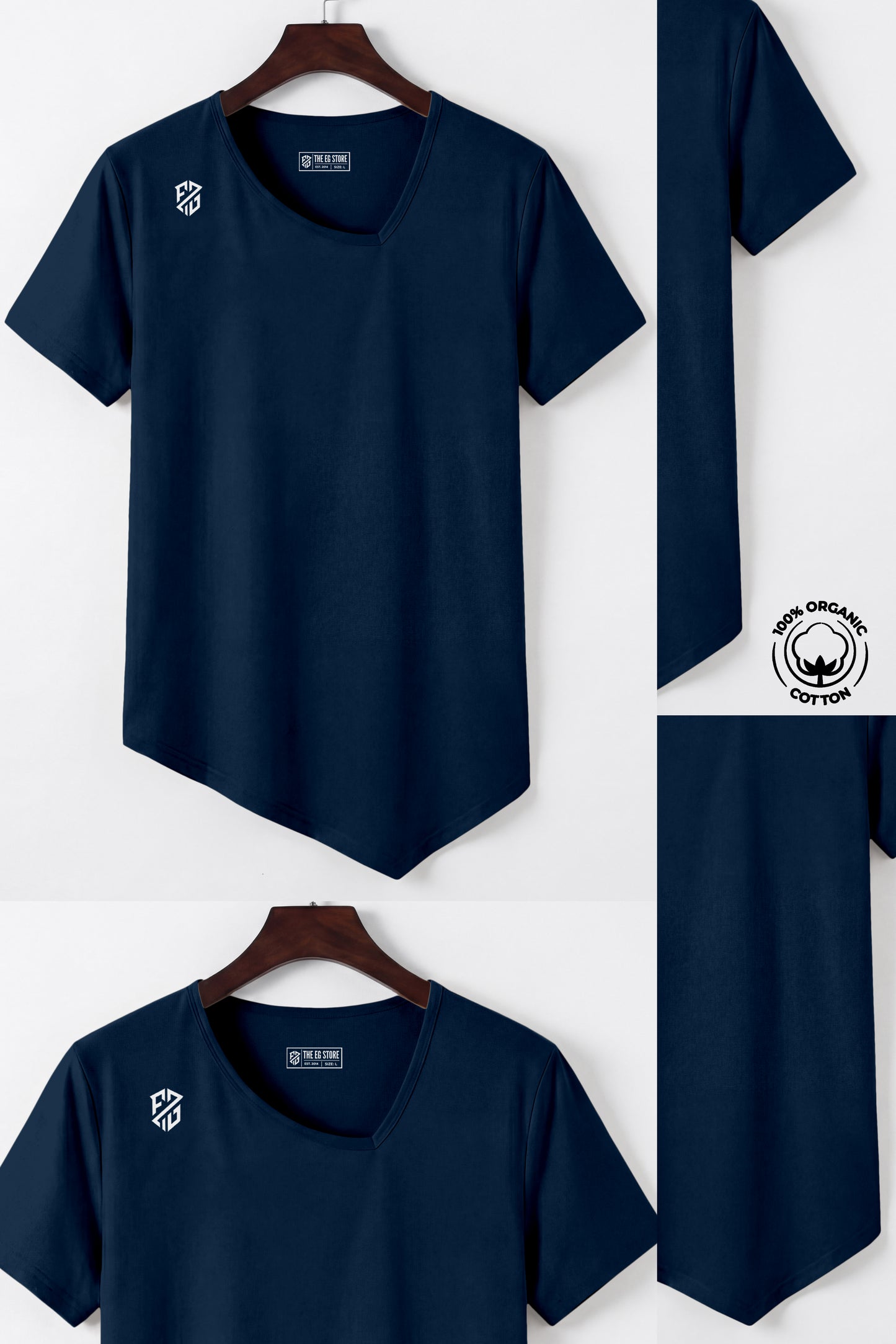 Navy blue organic cotton t-shirt with asymmetrical hem and white geometric logo on shoulder