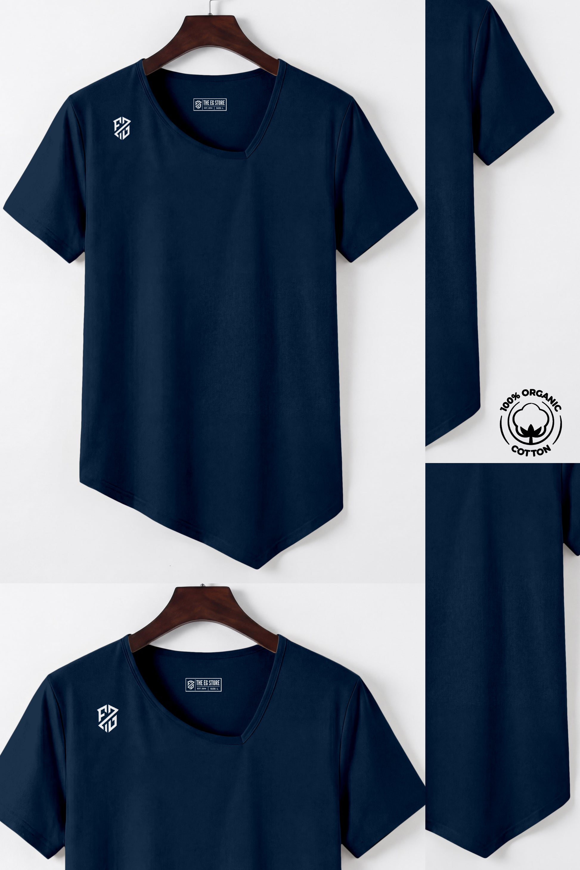 Navy blue organic cotton t-shirt with asymmetrical hem and white geometric logo on shoulder
