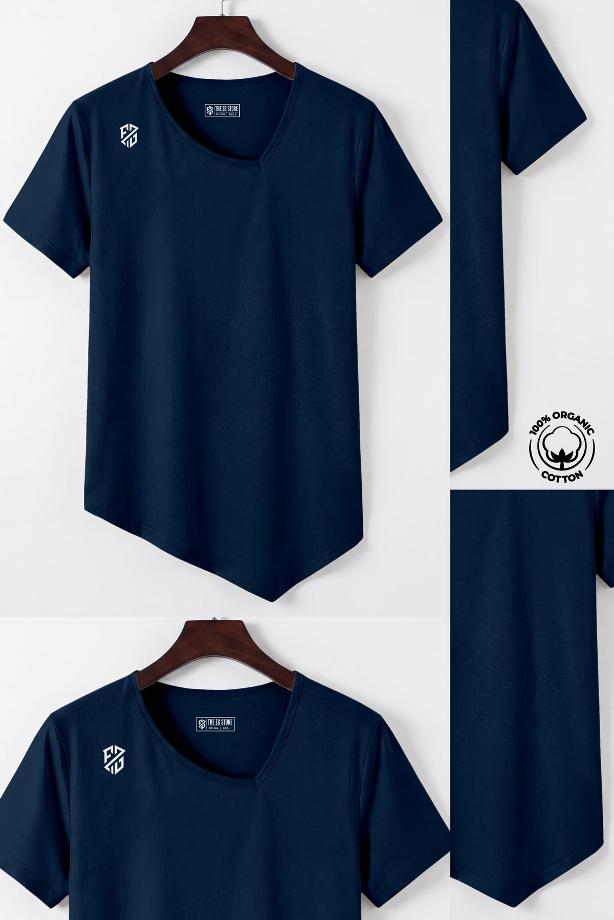 Navy blue organic cotton t-shirt with asymmetrical hem and white geometric logo on shoulder