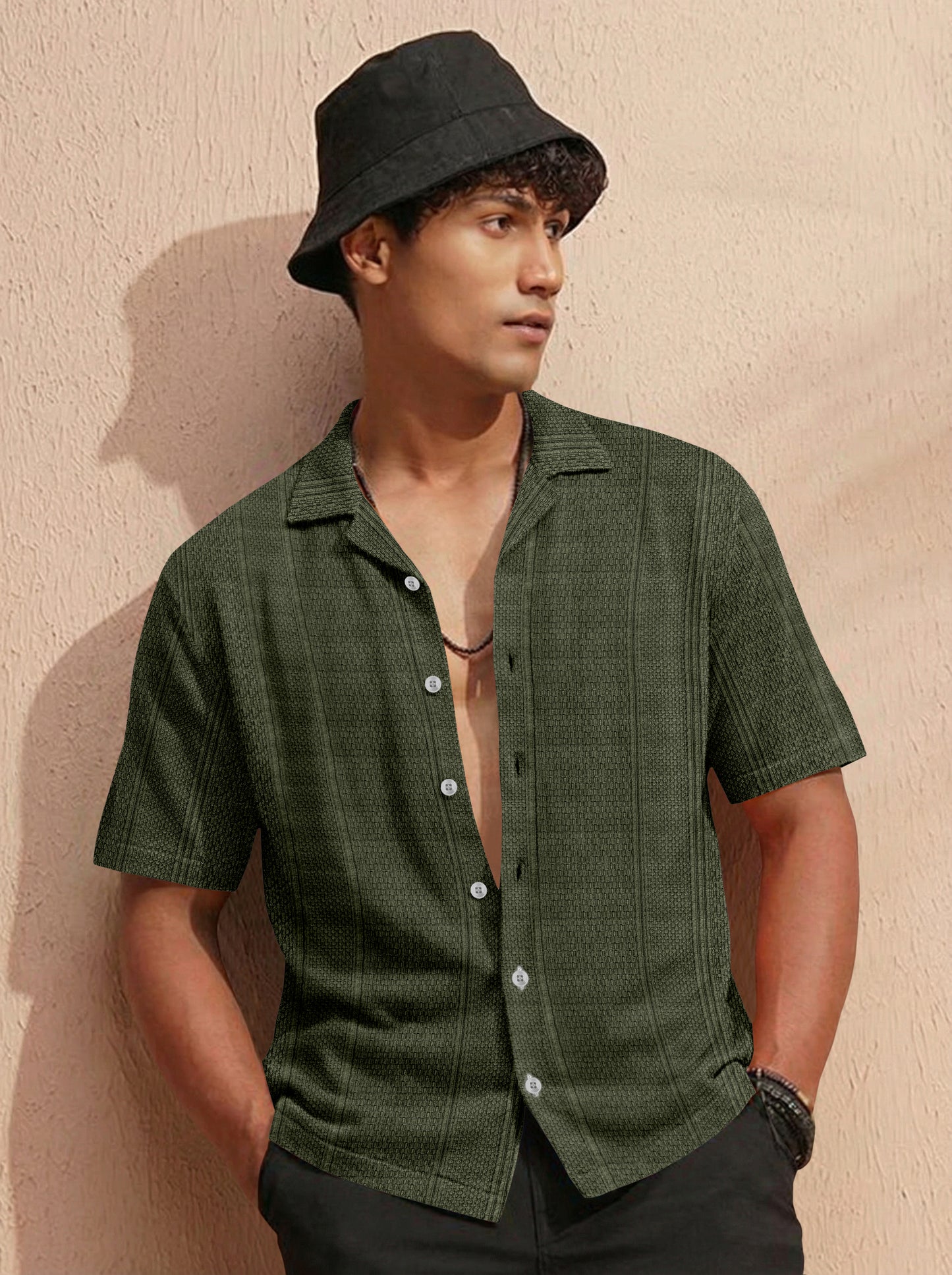 Premium Dark Green Short Sleeve Shirt: Resort Wear Cuban Collar Shirt