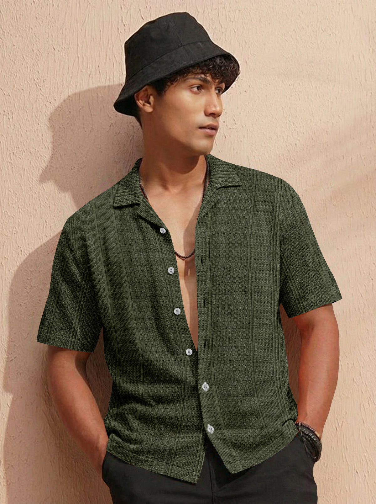 Premium Dark Green Short Sleeve Shirt: Resort Wear Cuban Collar Shirt