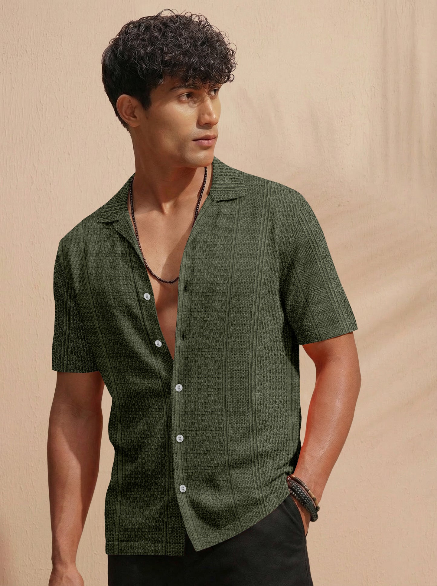 Premium Dark Green Short Sleeve Shirt: Resort Wear Cuban Collar Shirt