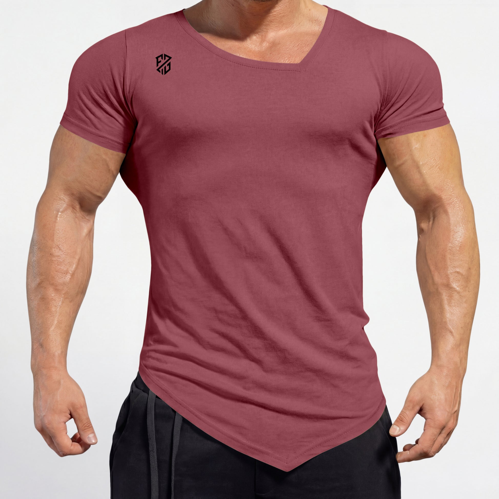 Fitted maroon V-neck muscle t-shirt with short sleeves and black geometric chest logo
