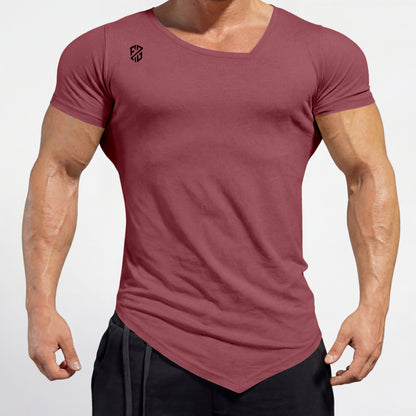 Fitted maroon V-neck muscle t-shirt with short sleeves and black geometric chest logo
