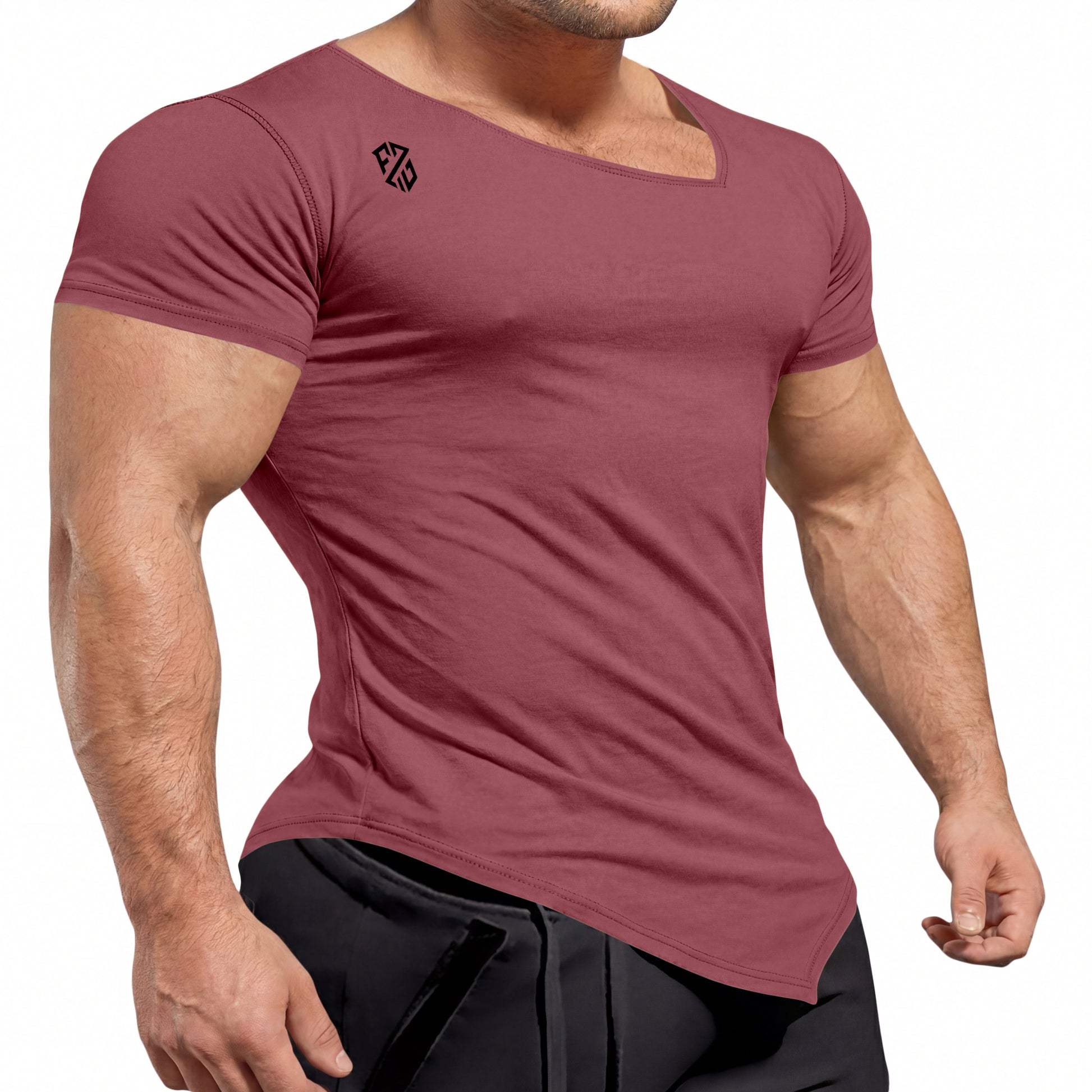 Fitted maroon short sleeve t-shirt for men with black logo on chest, modelled standing