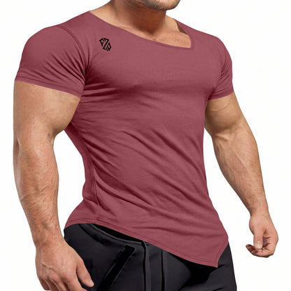 Fitted maroon short sleeve t-shirt for men with black logo on chest, modelled standing