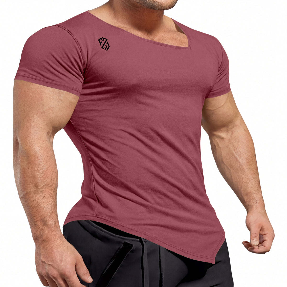 Fitted maroon short sleeve t-shirt for men with black logo on chest, modelled standing
