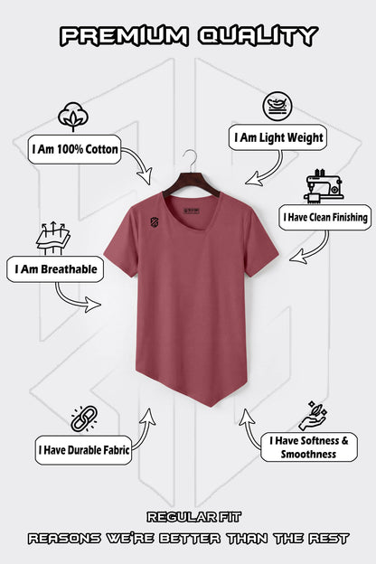 Pink regular fit cotton t-shirt on hanger with premium quality features highlighted around it.