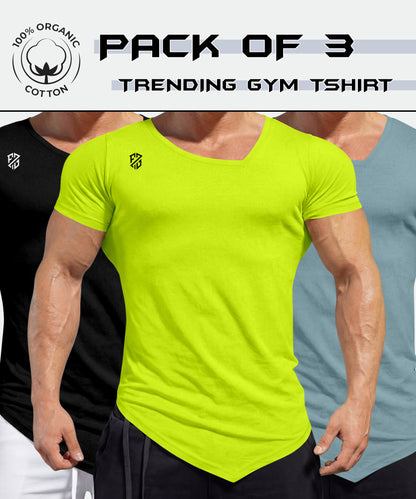 Pack of 3 trending gym t-shirts for men in black, neon yellow, and blue, 100% organic cotton