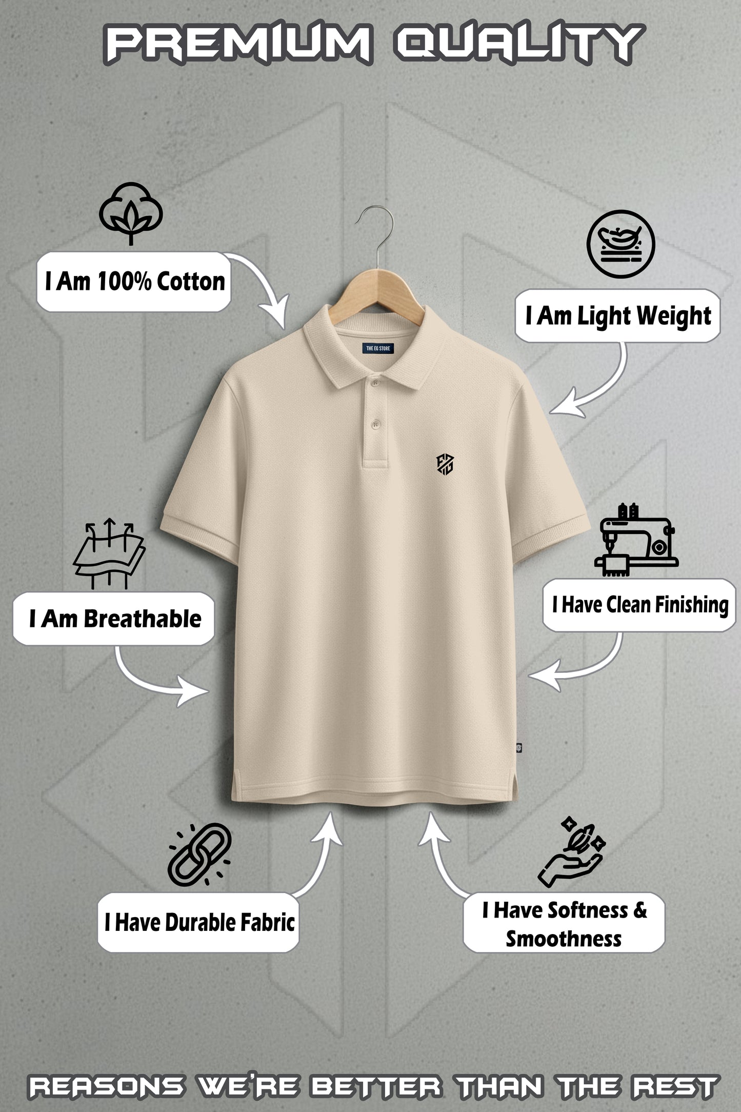 Beige short sleeve polo shirt on hanger, 100% cotton, lightweight, breathable, durable, soft, clean finishing.
