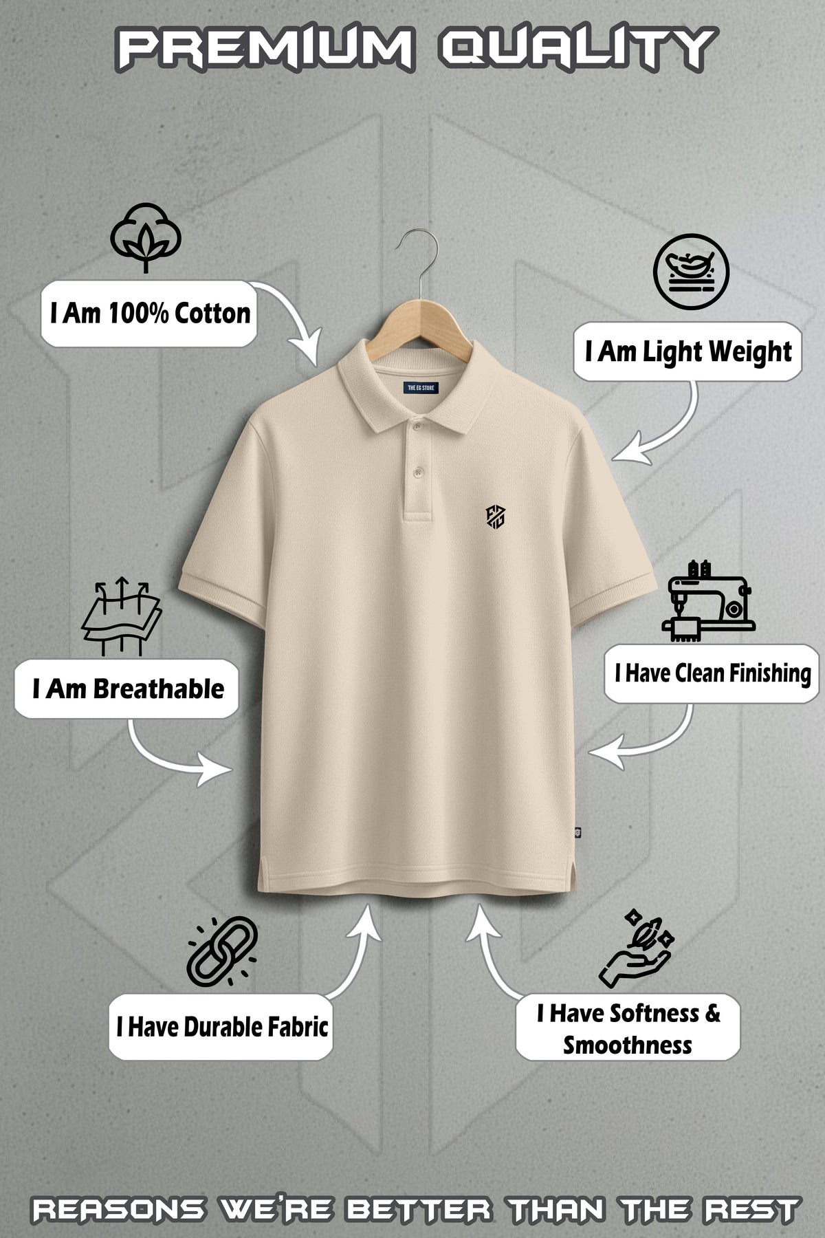 Beige short sleeve polo shirt on hanger, 100% cotton, lightweight, breathable, durable, soft, clean finishing.