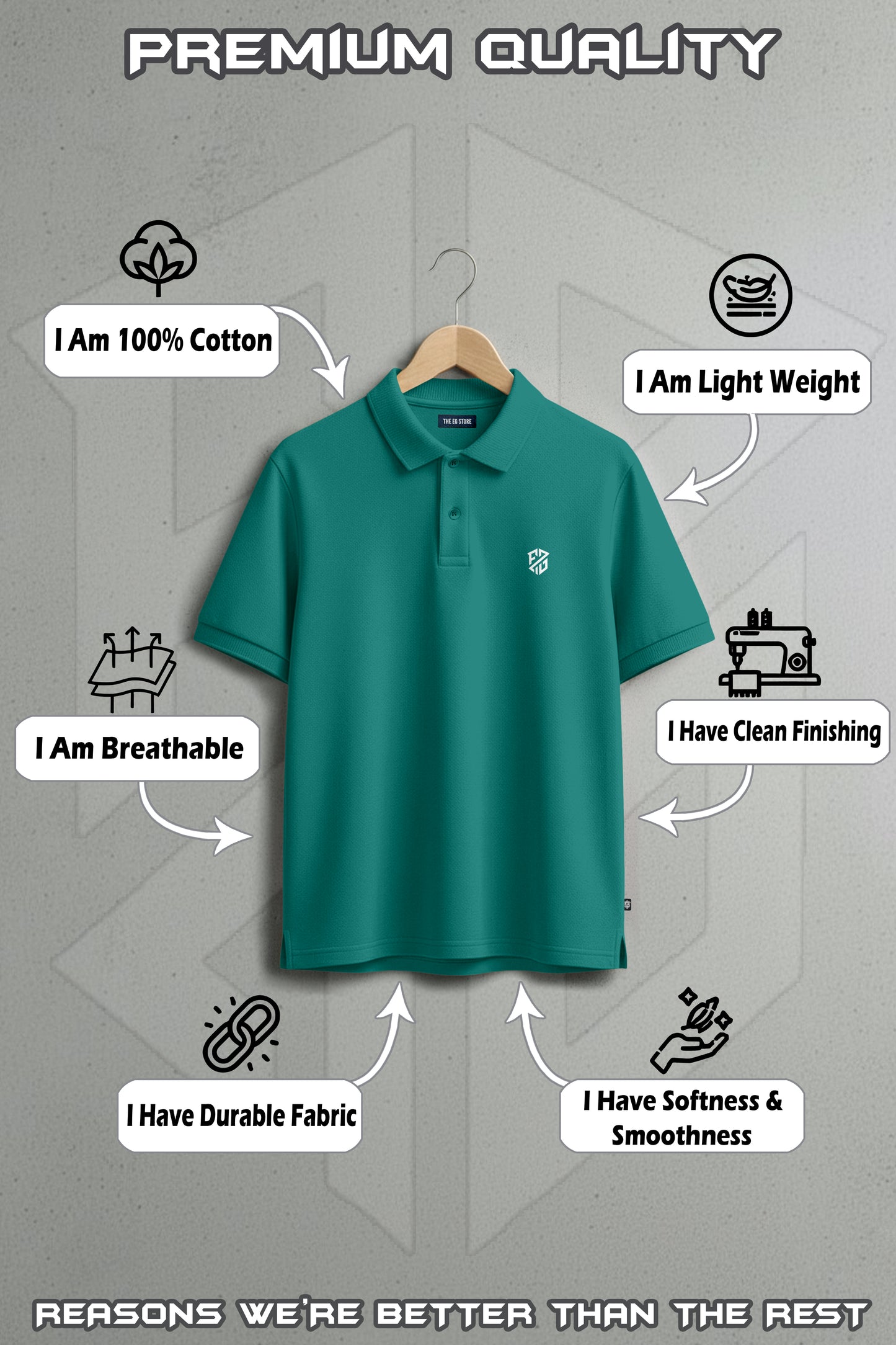 Green cotton polo shirt on hanger, featuring lightweight, breathable, durable fabric and clean finishing.