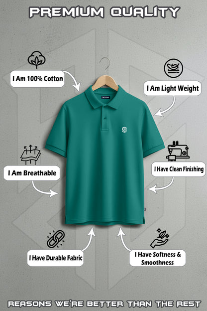 Green cotton polo shirt on hanger, featuring lightweight, breathable, durable fabric and clean finishing.
