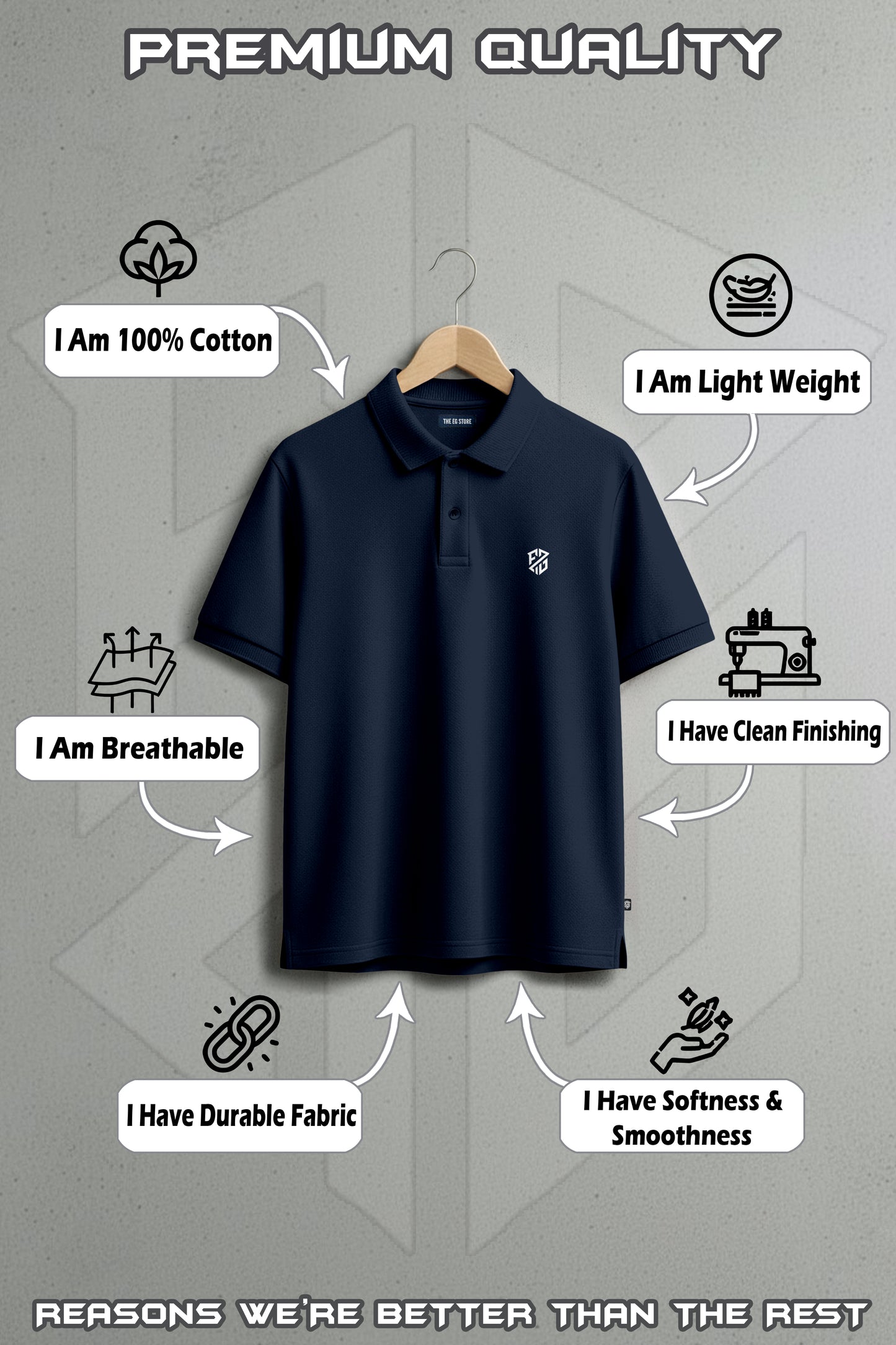 Black cotton polo shirt on hanger with labels highlighting breathable, lightweight, durable, soft fabric.