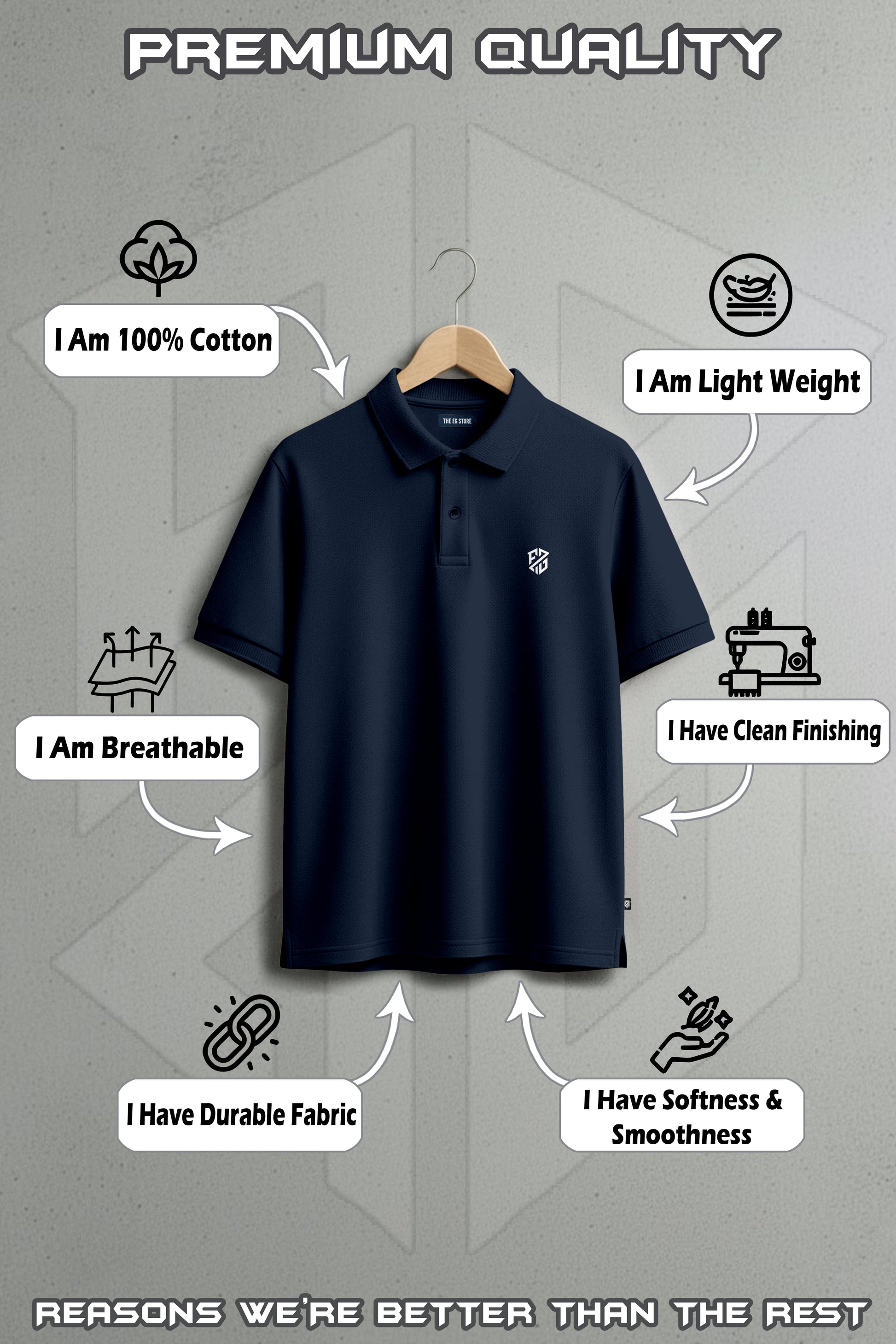 Black cotton polo shirt on hanger with labels highlighting breathable, lightweight, durable, soft fabric.