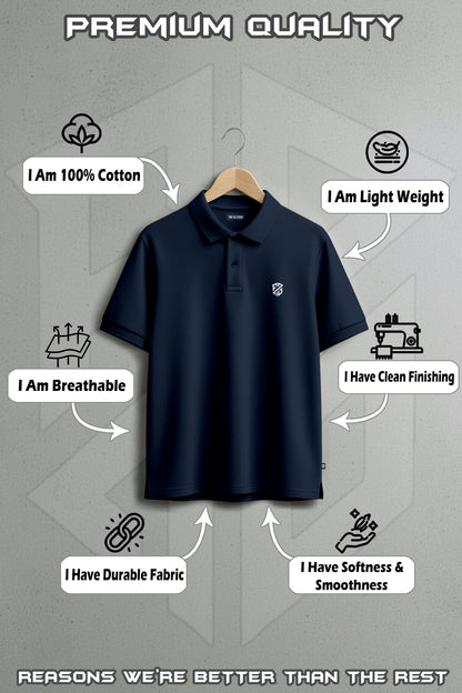 Black cotton polo shirt on hanger with labels highlighting breathable, lightweight, durable, soft fabric.