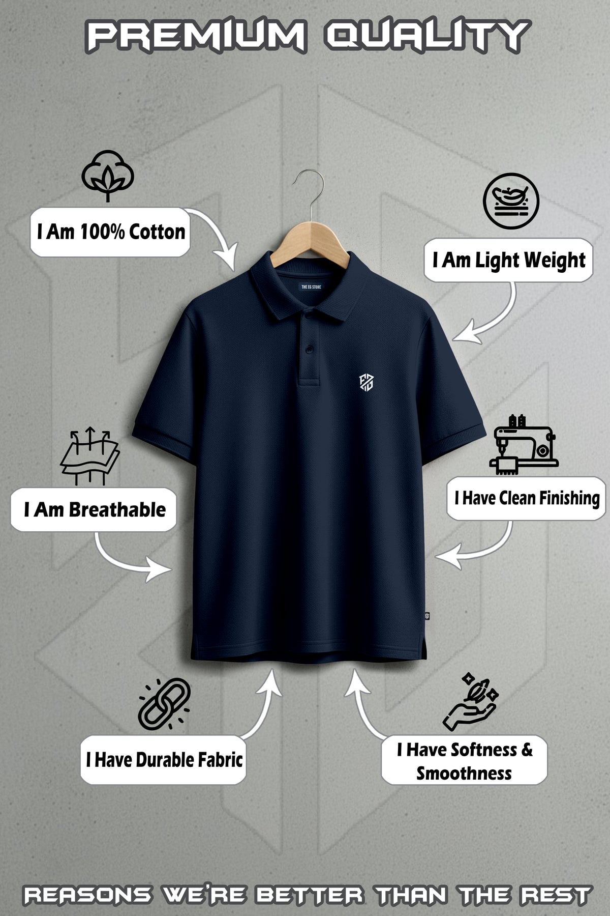 Black cotton polo shirt on hanger with labels highlighting breathable, lightweight, durable, soft fabric.