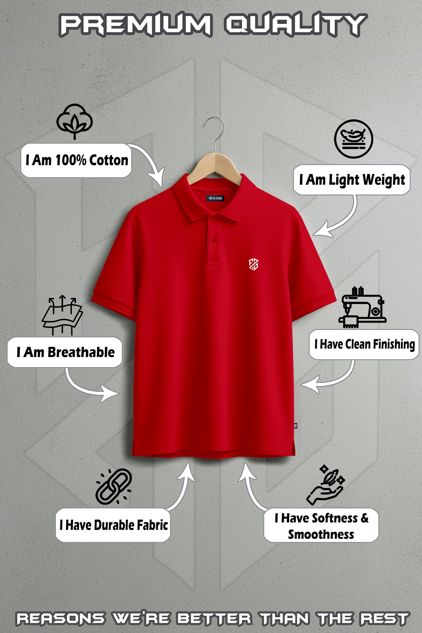 Red cotton polo shirt on hanger, premium quality, lightweight, breathable, durable fabric.