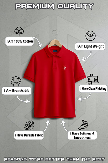 Red cotton polo shirt on hanger, premium quality, lightweight, breathable, durable fabric.