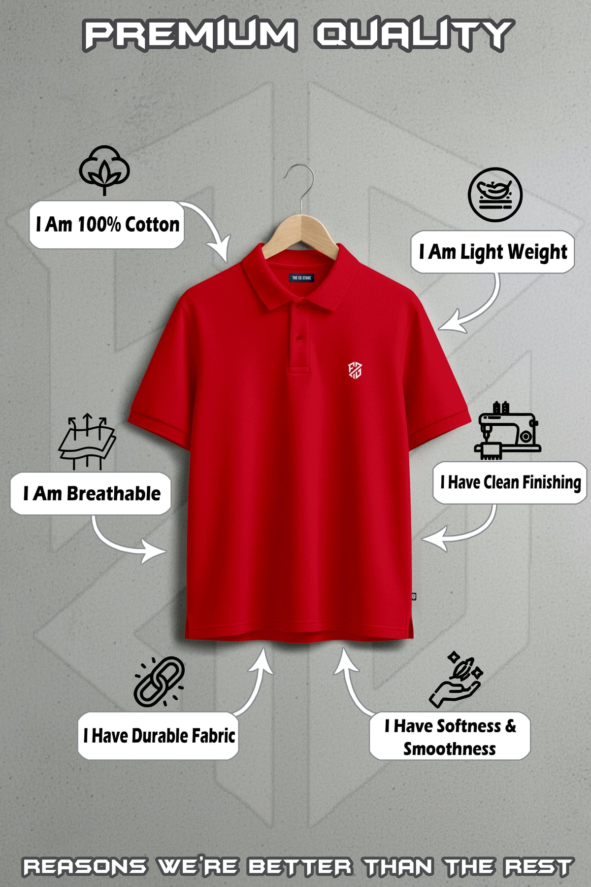 Red cotton polo shirt on hanger, premium quality, lightweight, breathable, durable fabric.