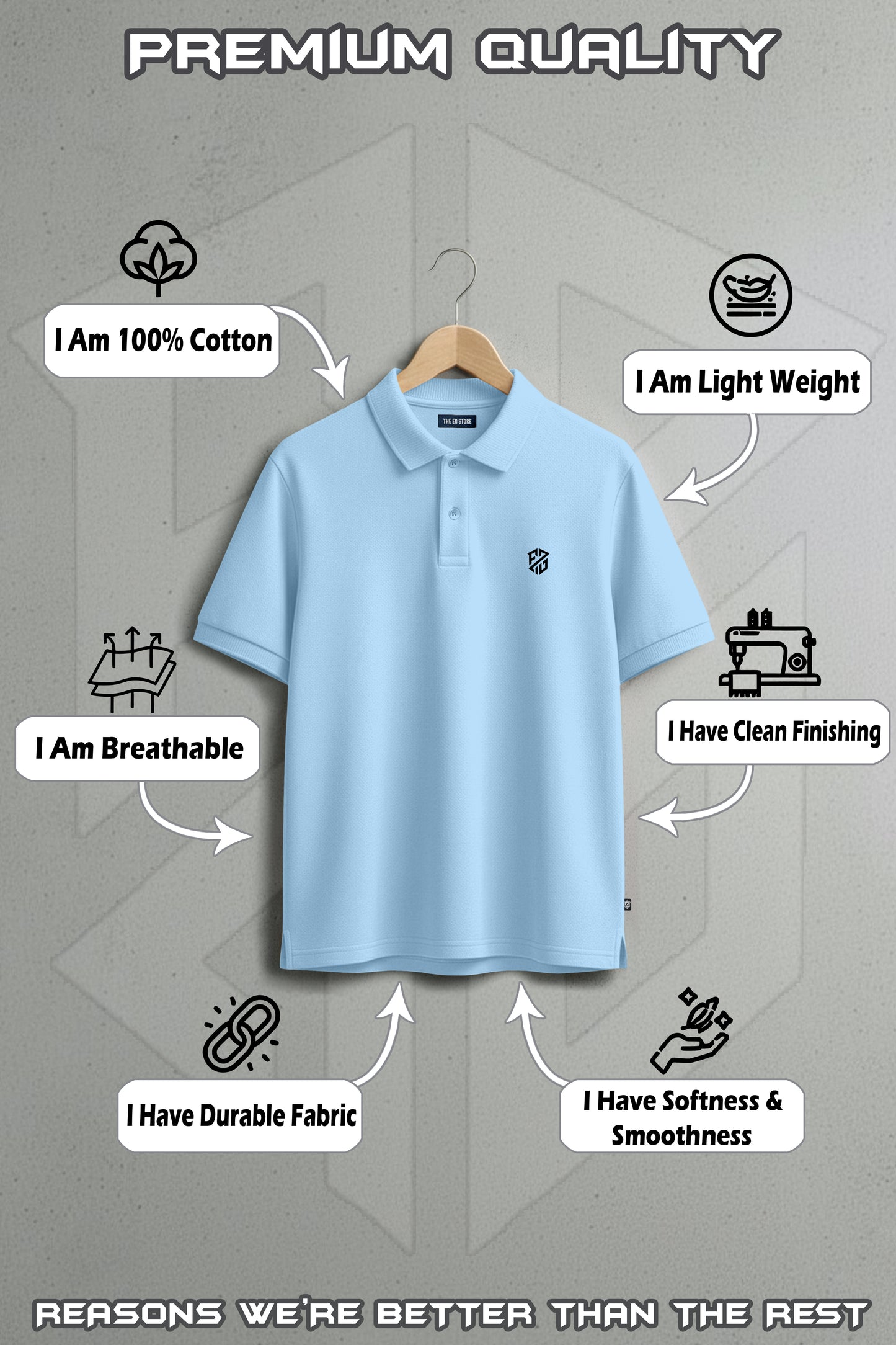 Light blue cotton polo shirt on hanger with icons showing breathable, lightweight, durable fabric, clean finishing, softness and smoothness.
