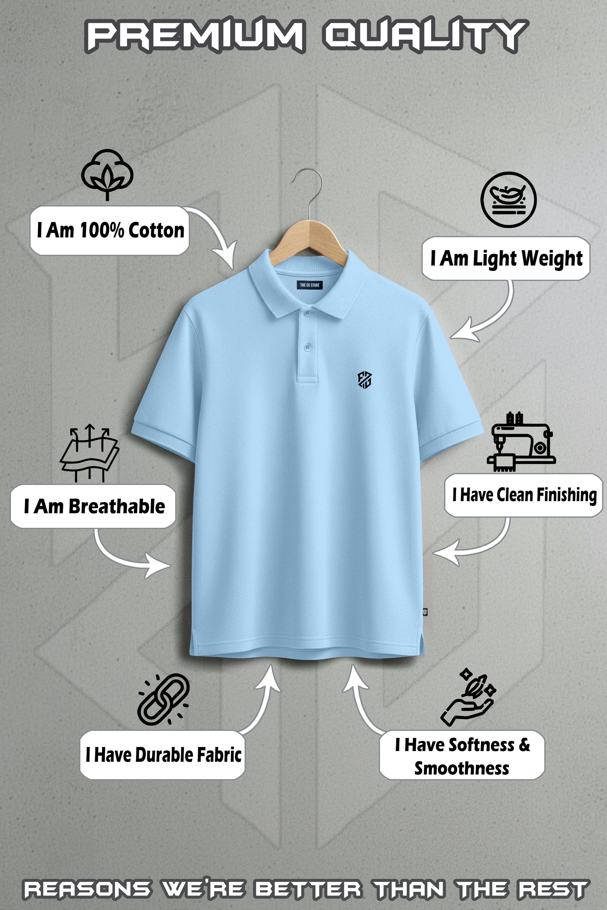 Light blue cotton polo shirt on hanger with icons showing breathable, lightweight, durable fabric, clean finishing, softness and smoothness.