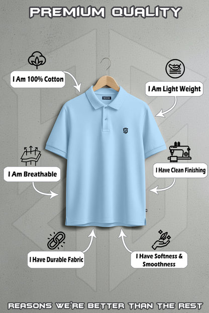 Light blue cotton polo shirt on hanger with icons showing breathable, lightweight, durable fabric, clean finishing, softness and smoothness.