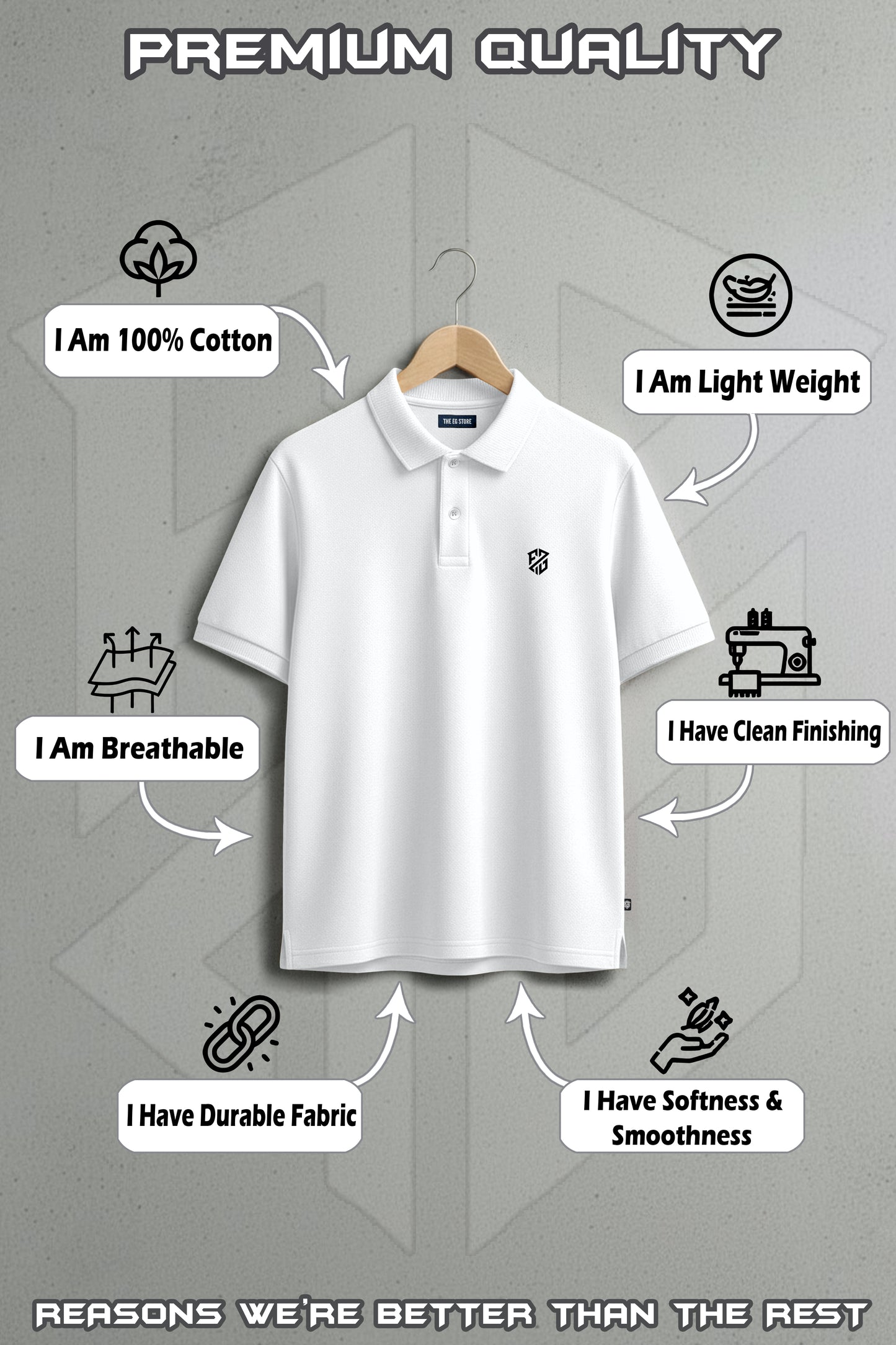White cotton polo shirt on hanger, lightweight, breathable, durable, soft, and cleanly finished.