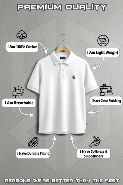 White cotton polo shirt on hanger, lightweight, breathable, durable, soft, and cleanly finished.