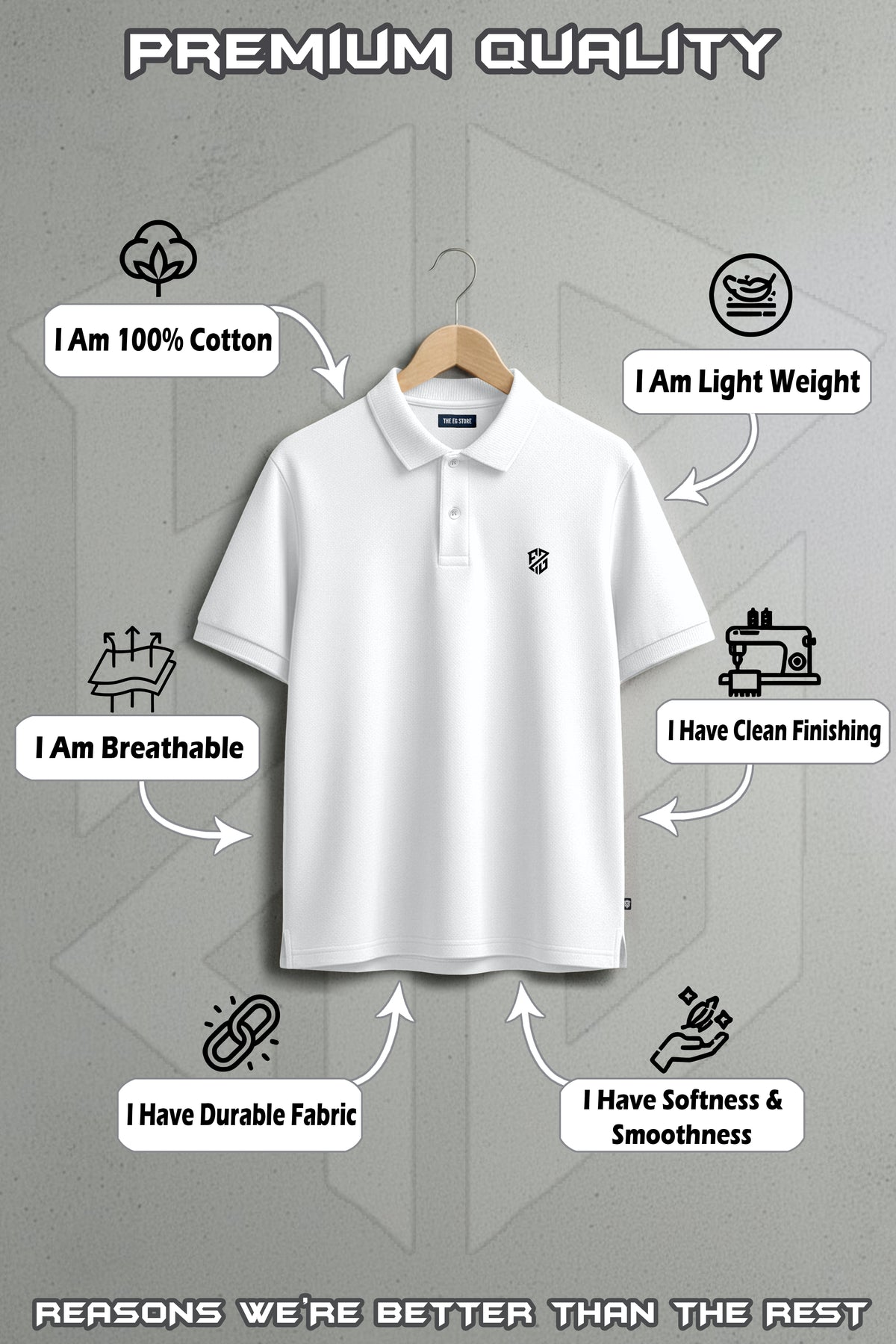 White cotton polo shirt on hanger, lightweight, breathable, durable, soft, and cleanly finished.