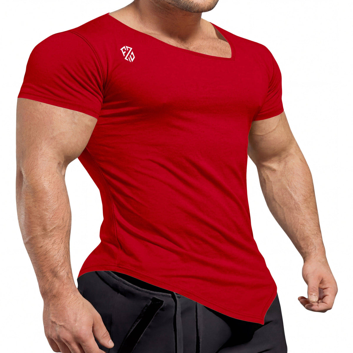 Premium Muscle Fit Red Gym T Shirt - Asymmetrical Neck Design - Hover Image