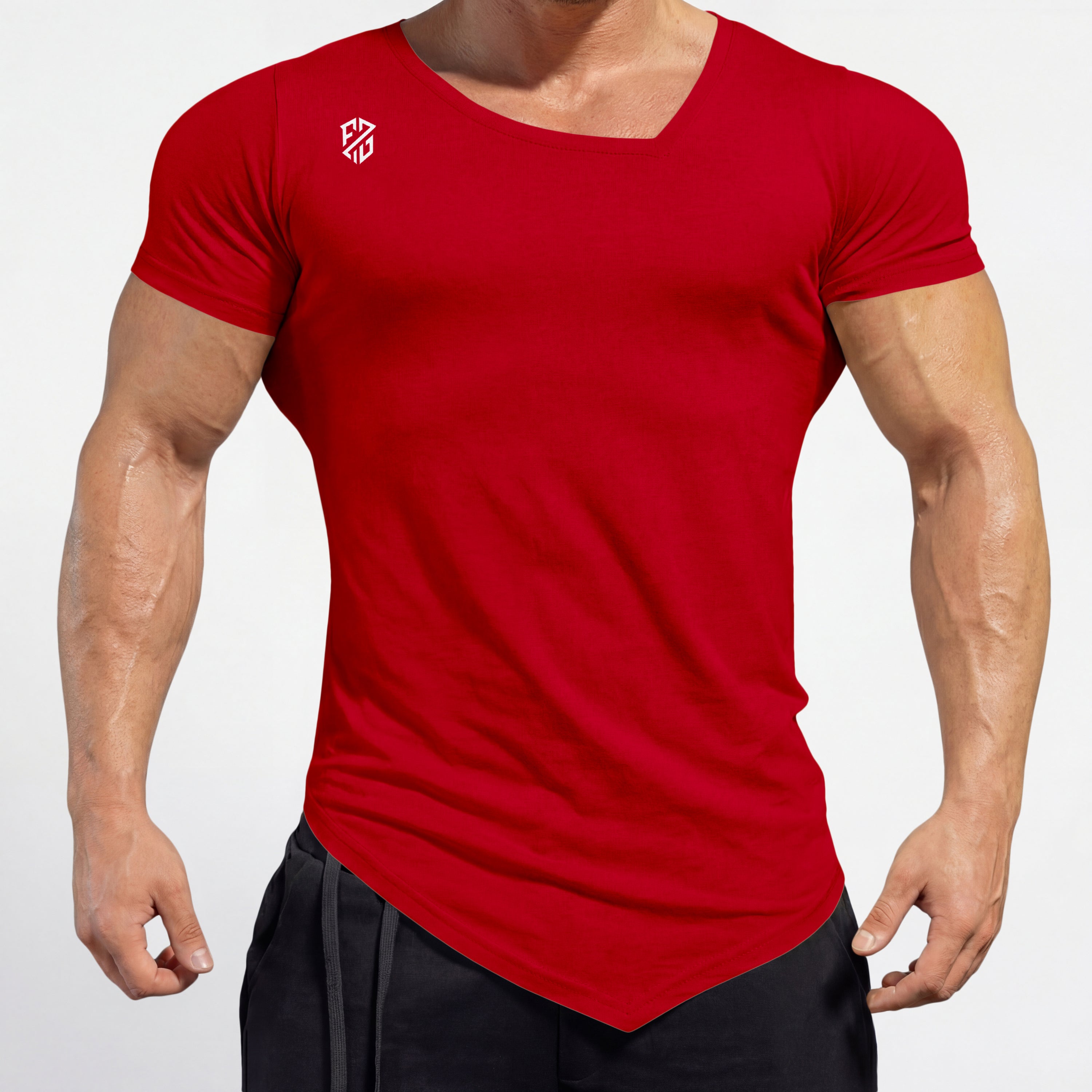 Premium Muscle Fit Red Gym T Shirt - Asymmetrical Neck Design
