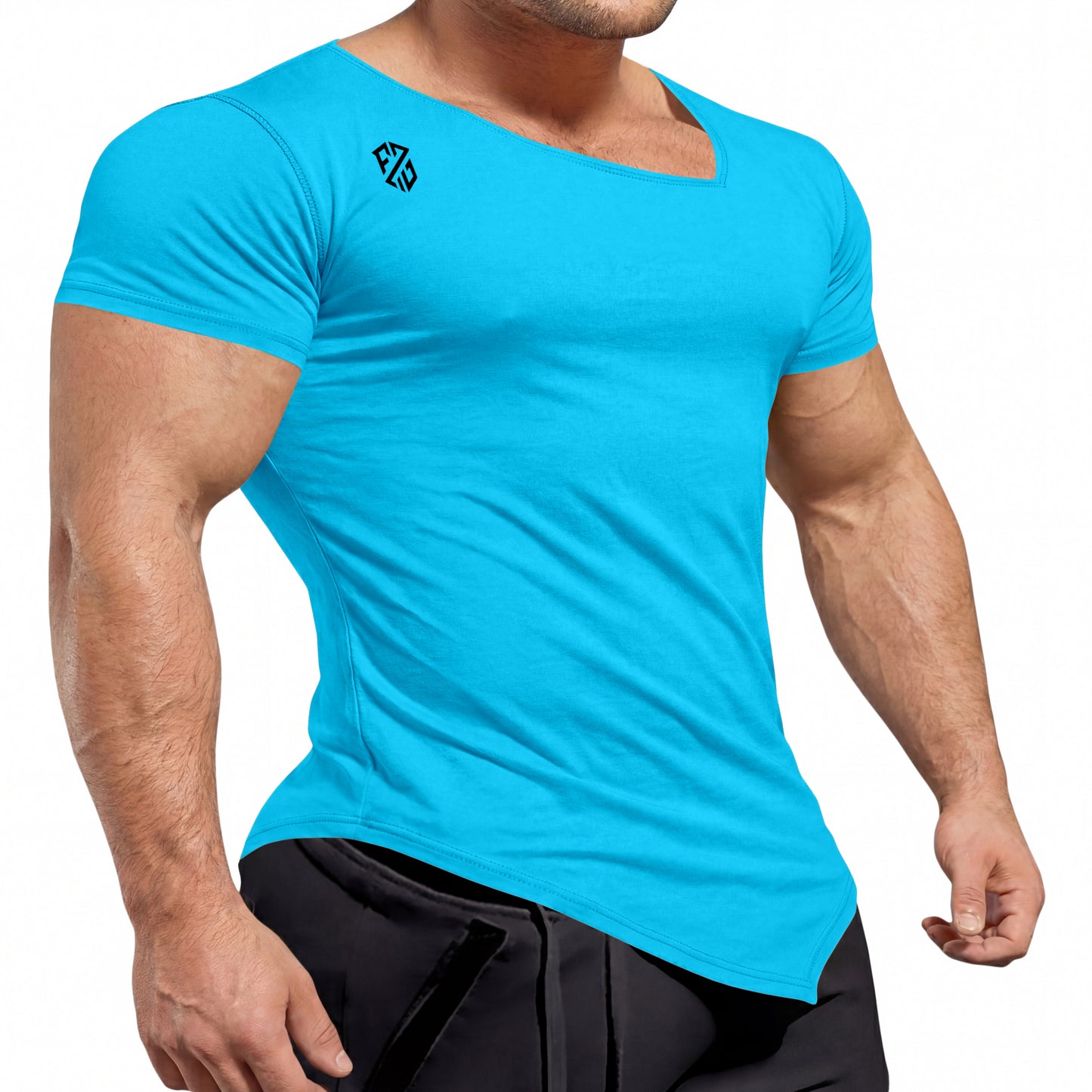 Athletic man wearing fitted bright blue short sleeve t-shirt and black pants
