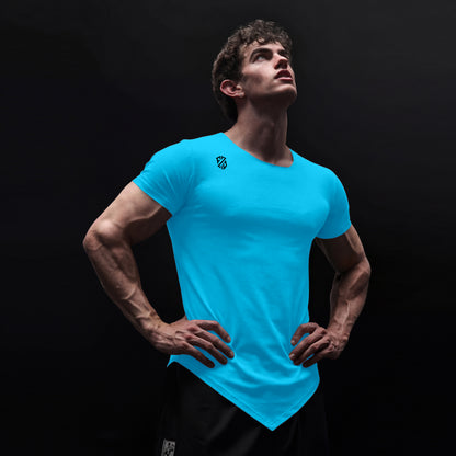 Athletic man wearing a bright blue fitted V-hem t-shirt with chest logo on black background