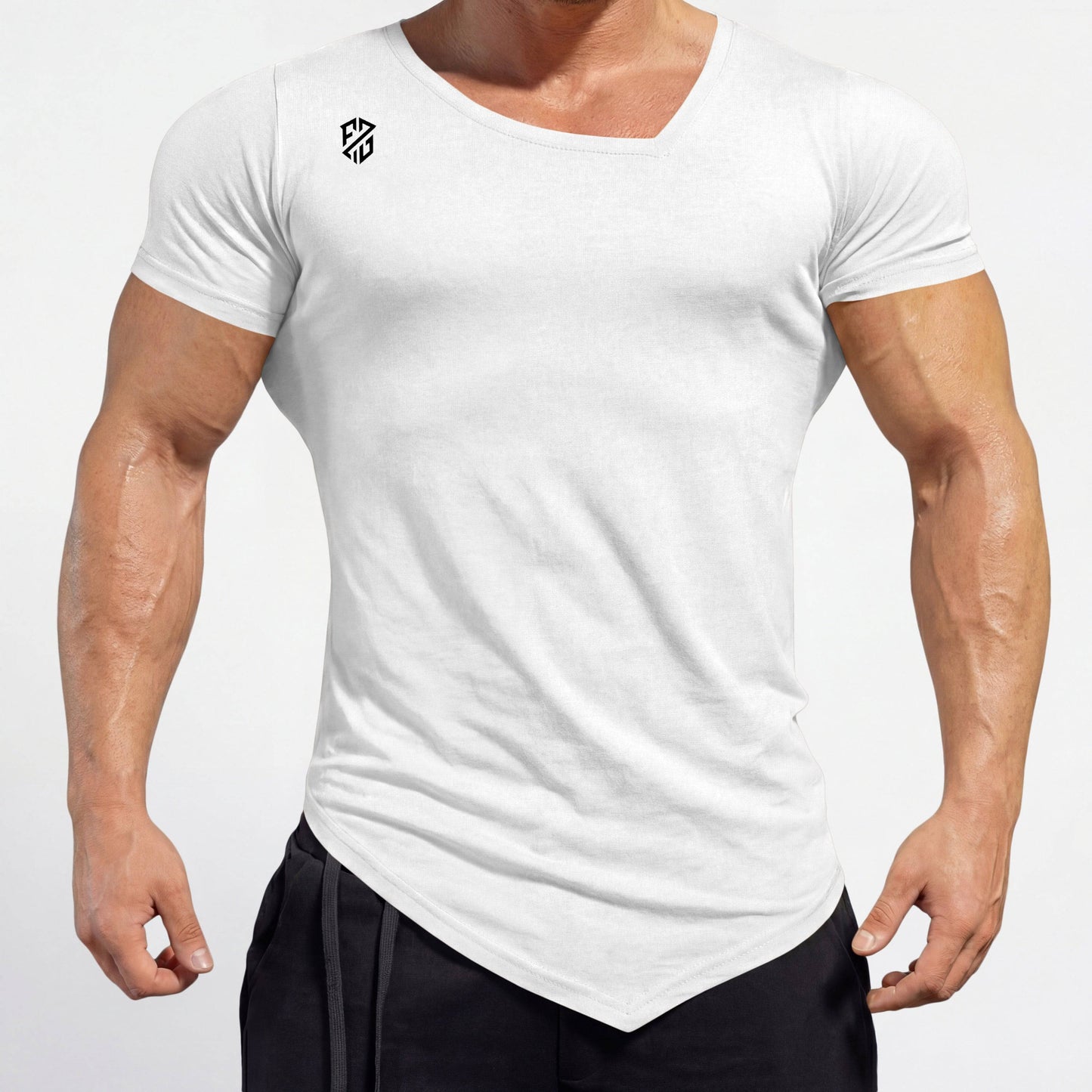 Fitted white V-neck short sleeve t-shirt with chest logo, worn by muscular man