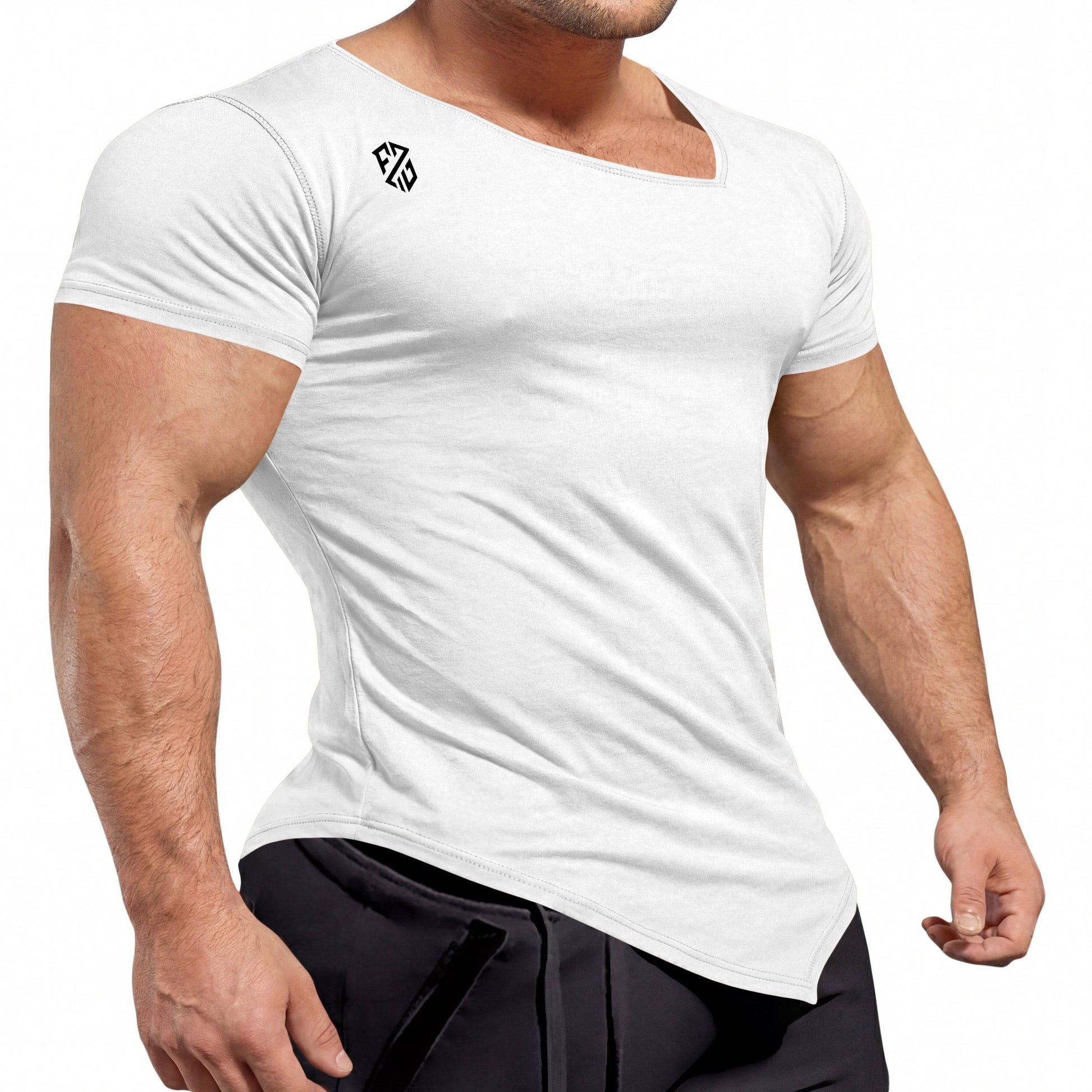 Athletic man wearing fitted white short sleeve t-shirt with geometric logo and black pants