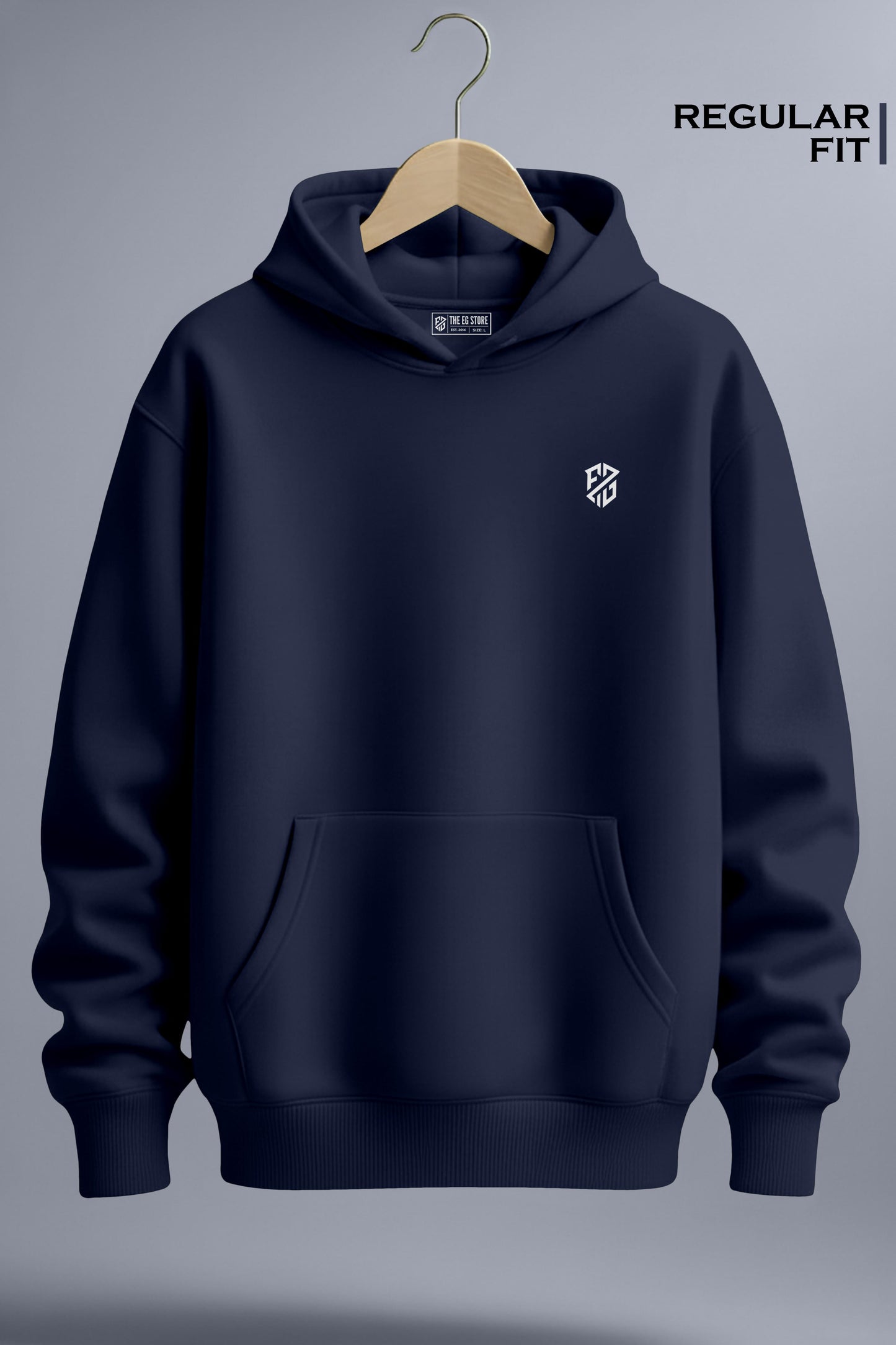 Navy blue regular fit hoodie with white chest logo, front pocket, displayed on hanger
