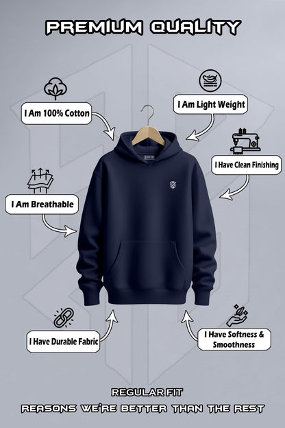 Navy blue hoodie on hanger, highlights include 100% cotton, lightweight, breathable, durable, soft, smooth, clean finishing, regular fit.