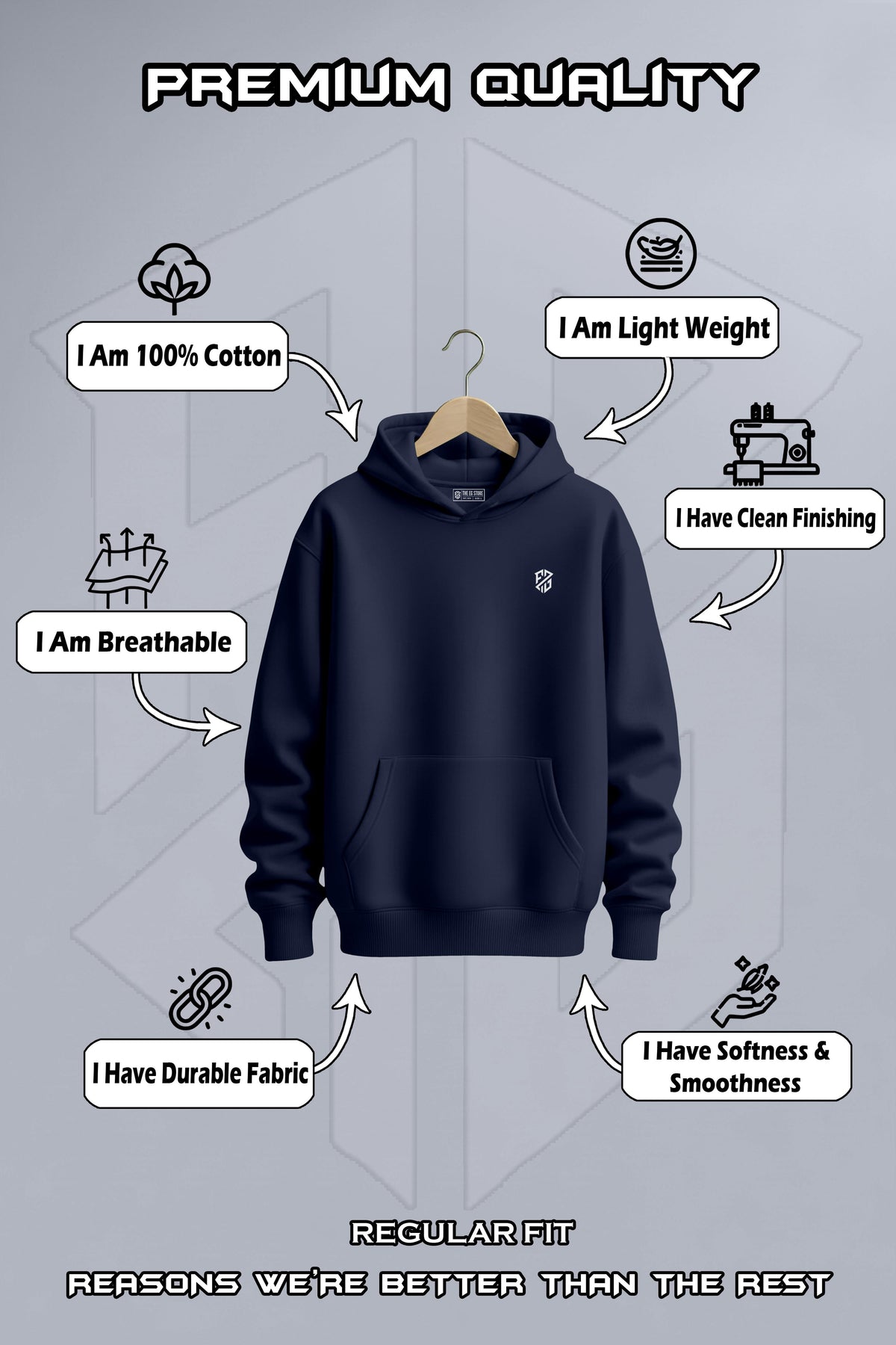 Premium Navy Blue Hoodie: Regular Fit Comfort Style - Hover Image