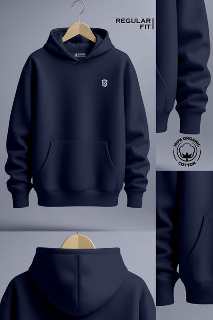 Navy blue organic cotton hoodie with front pocket, drawstring hood, regular fit, logo on chest.
