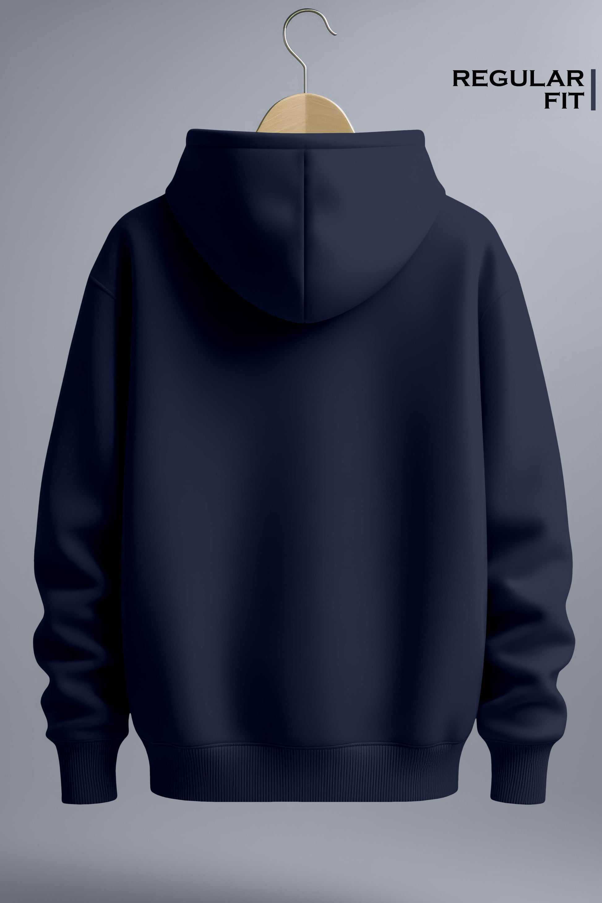 Back view of a navy blue regular fit hoodie on wooden hanger against gray background