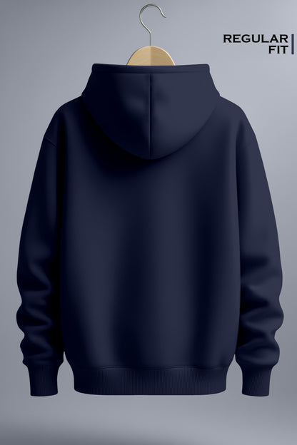 Back view of a navy blue regular fit hoodie on wooden hanger against gray background